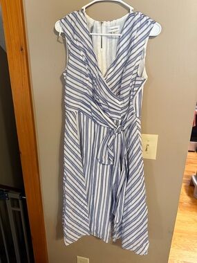 Calvin Klein Blue & White Striped Wrap Midi Dress
